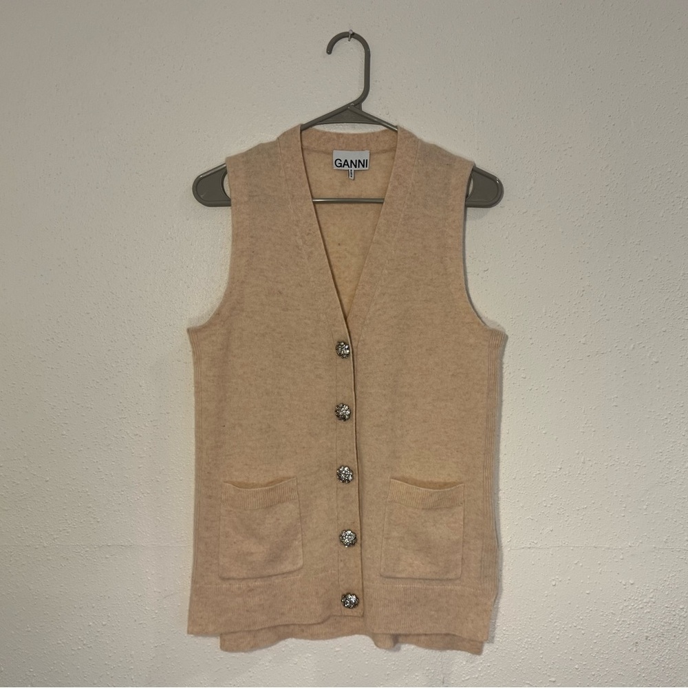Ganni Cashmere Mix Button Vest - Oversized - Oyster Gray - Size XXS
